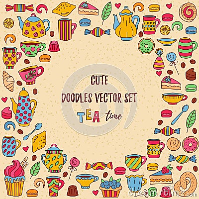 Tea coffee sweets doodles collection Vector Illustration