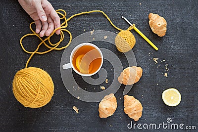 Tea and crocheting time Stock Photo