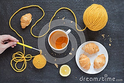 Tea and crocheting time Stock Photo