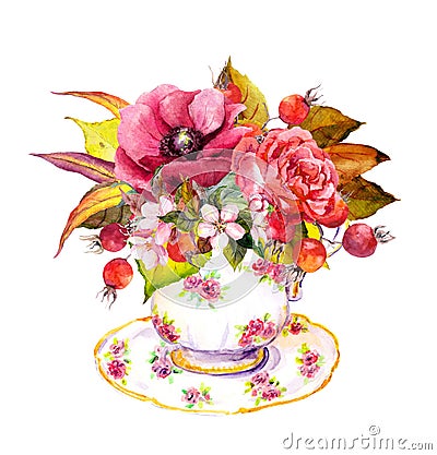 Tea cup - autumn leaves, rose flowers, berries. Watercolor Stock Photo