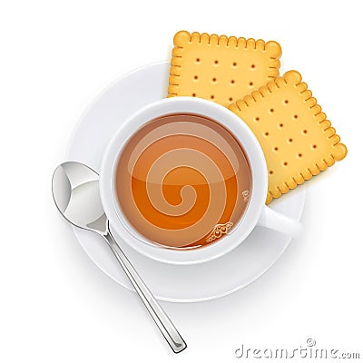 Tea cup and biscuit on plate. Traditional hot drink. Vector illustration. Vector Illustration