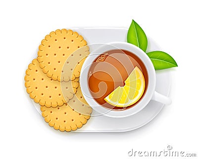 Tea cup and biscuit on plate. Traditional hot drink. Vector illustration. Vector Illustration