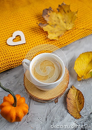 Tea Cup with Coffee Hot Chocolate Autumn Time Bakery Pretzel Toned Photo Knitting Scarf Blanket Stock Photo