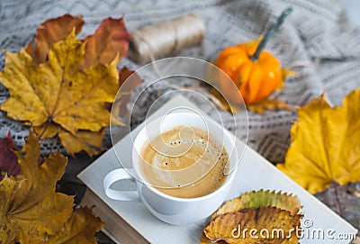 Tea Cup with Coffee Hot Chocolate Autumn Time Bakery Pretzel Toned Photo Knitting Scarf Blanket Yellow Leaves Stock Photo