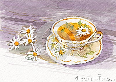 Tea cup with daises flower watercolor painting Stock Photo