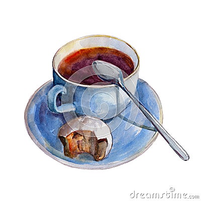 The tea cup with dish, slice of pie and spoon isolated on white background, watercolor illustration Cartoon Illustration