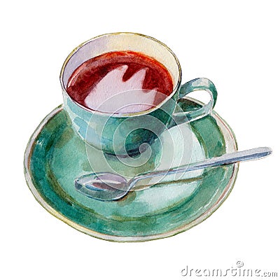 The tea cup with dish and spoon isolated on white background, watercolor illustration Cartoon Illustration