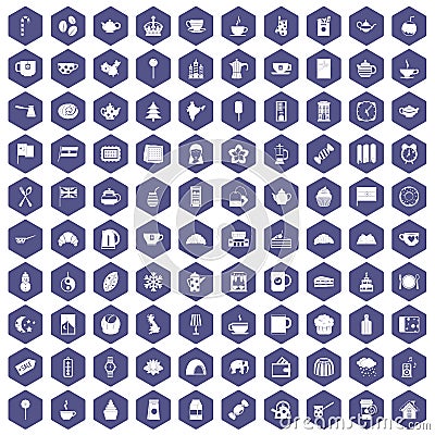 100 tea cup icons hexagon purple Vector Illustration