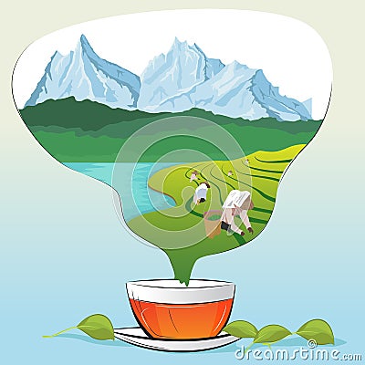 Tea cup with leaves and tea plantations in form of steam Vector Illustration