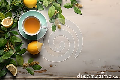 Tea cup and and mint leaves on wooden background. Top view. Cup of tea on table with lemon and green leaves, tea drink Stock Photo