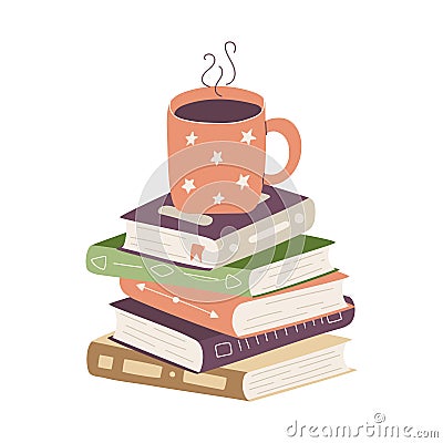 Tea cup standing on stack of books. Heap of paper hardcover books with bookmarks and mug with hot drink. Color Flat Vector Illustration