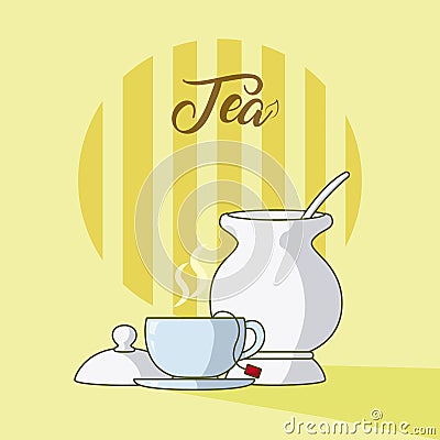 Tea cup and sugar jar Vector Illustration