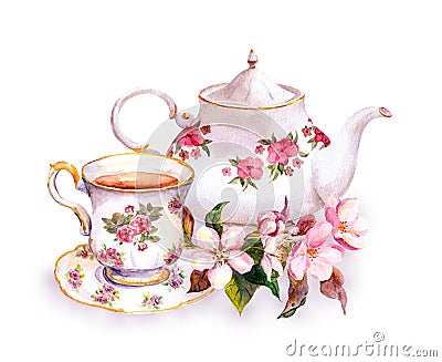 Tea - cup and teapot with flowers. Vintage watercolor design Stock Photo