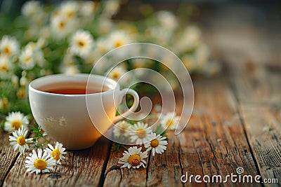 A tea cup with a white saucer sits on a wooden table Stock Photo