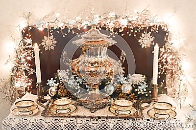 Tea Cups and Silver Dining Room Christmas Decorations Stock Photo