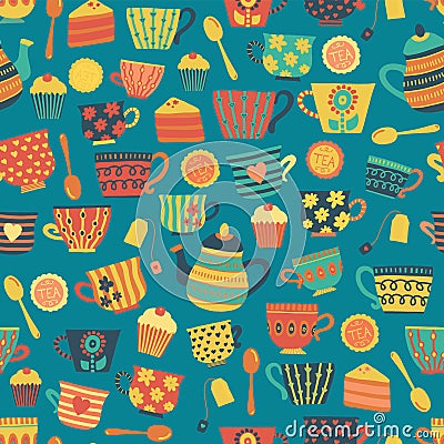 Tea cups vector seamless pattern background teal. Tea time cups, teapot, spoons, cupcakes. Hand drawn. Cute retro print for Stock Photo