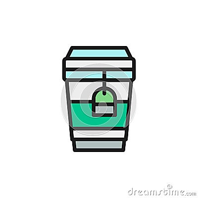 Tea in disposable cardboard cup, takeaway flat color line icon. Vector Illustration