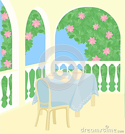 Tea-drinking in spring garden Vector Illustration