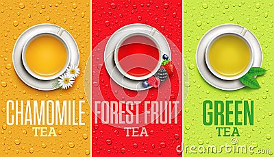 Different hot tea cups. Teacup with green, herbal chamomile tea, forest fruit tea with strawberry, blackberry, blueberry Stock Photo