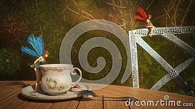 Tea with fairies 3D illustration Cartoon Illustration