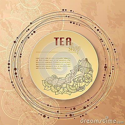 Tea and flowers doodle template pattern invitation. Greeting card. Tea Branding Design. Menu design. Vector Illustration