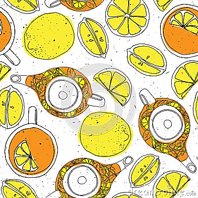 Tea hand draw seamless pattern with teapot, lemons and cup. Sketched textured background. Vector Illustration