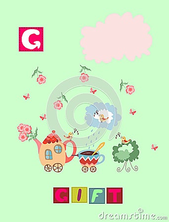 Tea history. Letter G. Gift. Cute cartoon english alphabet with colorful image and word. Vector Illustration