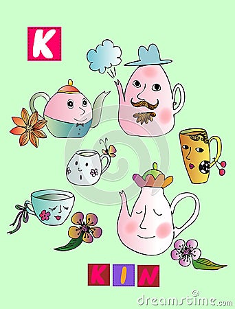 Tea history. Letter K. Kin. Cute cartoon english alphabet with colorful image and word. Vector Illustration