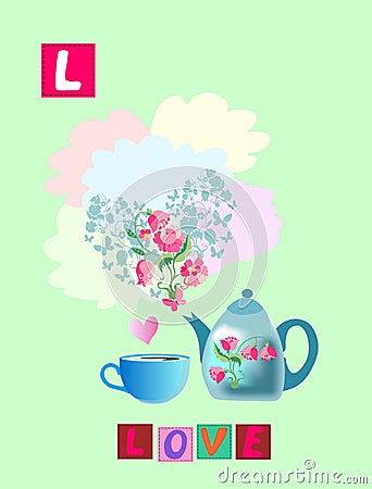 Tea history. Letter L. Love. Cute cartoon english alphabet with colorful image and word. Vector Illustration