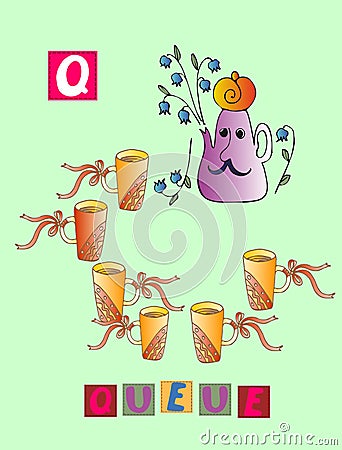 Tea history. Letter Q. Queue. Cute cartoon english alphabet with colorful image and word. Vector Illustration