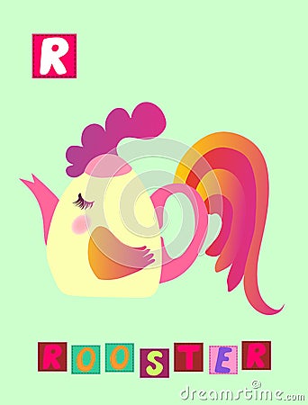 Tea history. Letter R. Rooster. Cute cartoon english alphabet with colorful image and word. Vector Illustration