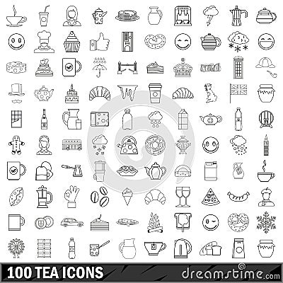 100 tea icons set, outline style Vector Illustration