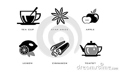 Tea icons set, tea cup, star anise, apple, lemon, cinnamon, teapot vector Illustration on a white background Vector Illustration