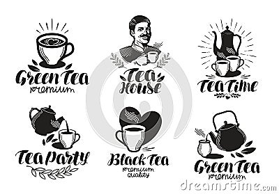 Tea label set. Drink, teapot icon or logo. Handwritten lettering vector illustration Vector Illustration