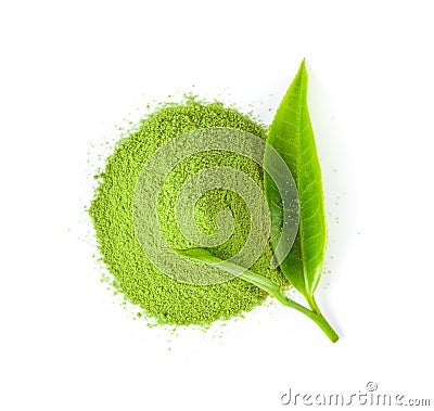 Tea leaf and matcha green tea powder on white background. top view Stock Photo