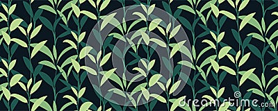 Tea leaves background vector. Seamless pattern with rich and neon green leaves on a dark background. Mysterious backdrop. Vector Illustration