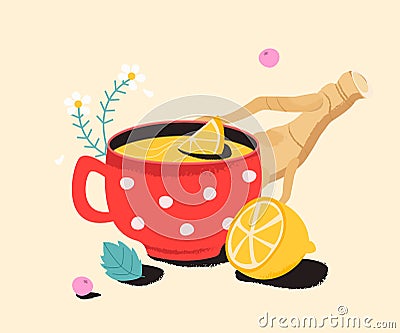 Tea with lemon, ginger and camomile. Cold medicine cure for sore throat, flu. Remedy natural, homeopathic Vector Illustration