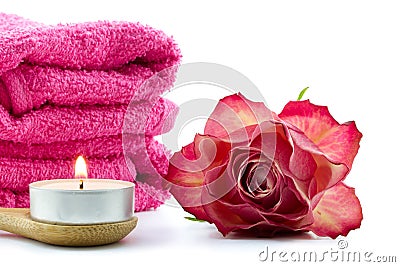 Tea light, towels and rose Stock Photo