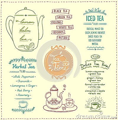 Tea menu list designs set. Vector Illustration
