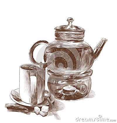 Tea mug with mint leaves on a saucer with a teaspoon and a glass teapot Vector Illustration