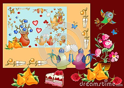 Tea party. Beautiful card with cute elements for teatime. Vector Illustration