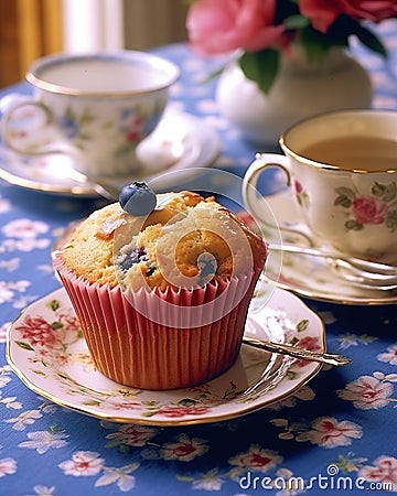 Tea party with blueberry muffins with powdered sugar and fresh berries. Generative AI Stock Photo
