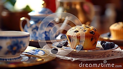 Tea party with blueberry muffins with powdered sugar and fresh berries. Generative AI Stock Photo