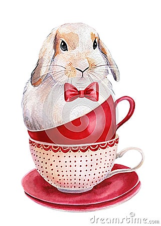 Tea party, bunny in a cup on an isolated white background, funny watercolor poster Cartoon Illustration