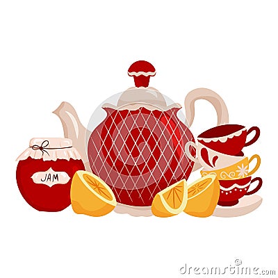 Tea party collection. Porcelain teapot, cups, berry jam and lemon Vector Illustration