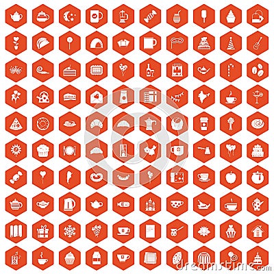 100 tea party icons hexagon orange Vector Illustration