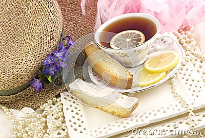 Tea Party with Lemon Biscotti Stock Photo
