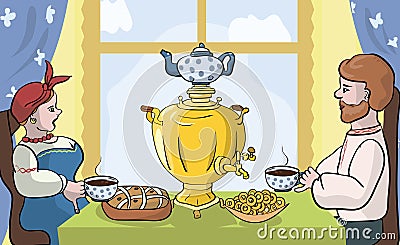 Tea party with samovar in Slavic style Vector Illustration