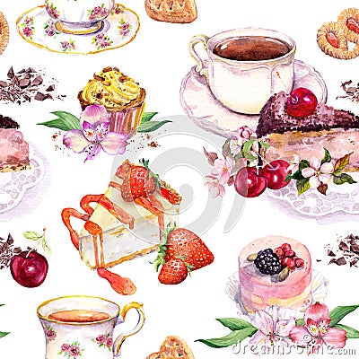 Tea pattern - flowers, teacup, cakes, bird. Food watercolor. Seamless background Stock Photo