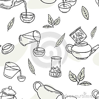 Brewing Chinese tea seamless pattern. Doodle teapots, Hand drawn green tea ceremony vector pattern Vector Illustration